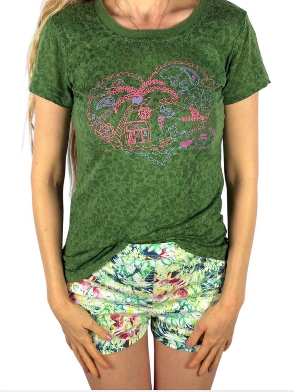 Y2K baby tee coquette style semi sheer burnout tropical kawaii green graphic tee